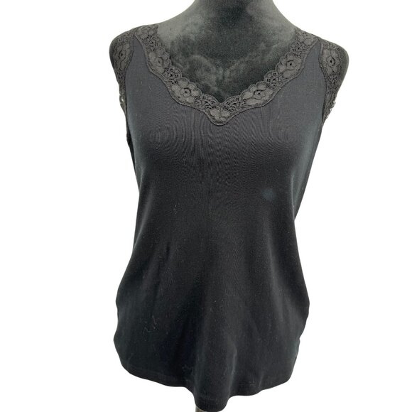 Karen Scott Babydoll Tank Top Womens Black Lace Y2K‎ Sleeveless V Neck Ribbed - Picture 3 of 8